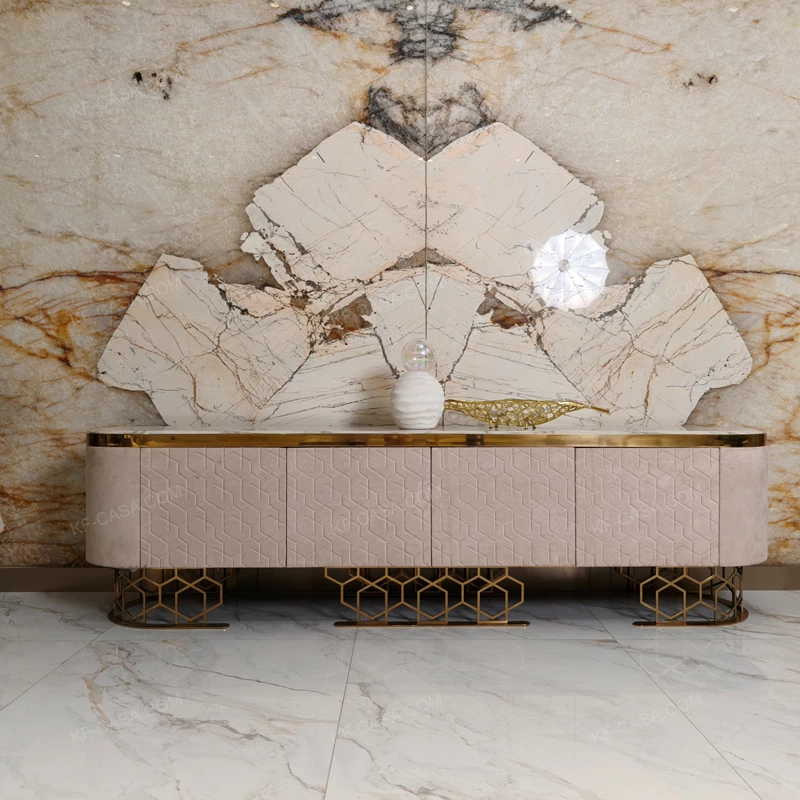 Luxury TV Stand with Textured Upholstered Panels Geometric Stainless Steel Base and Spacious Cabinet Storage